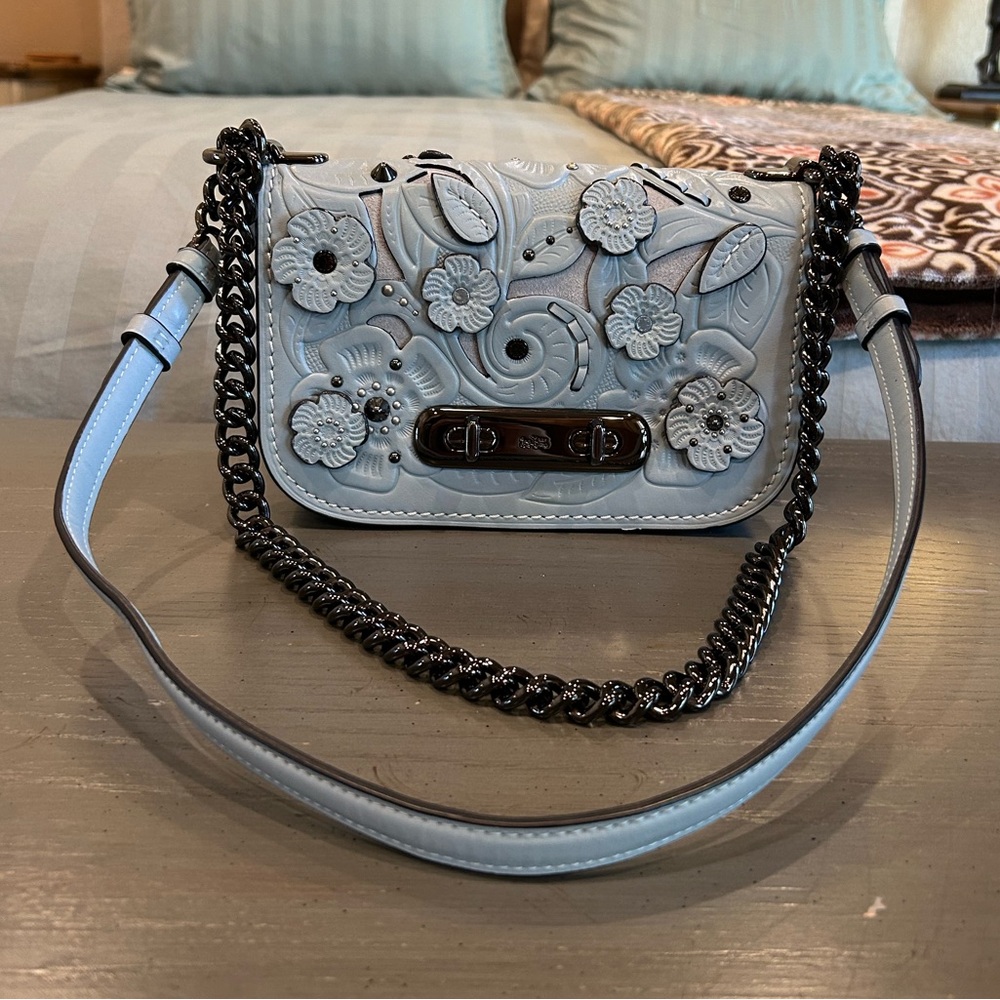 Coach Swagger 20 with Tea Rose Tooling Sky Blue Leather Shoulder Crossbody Bag